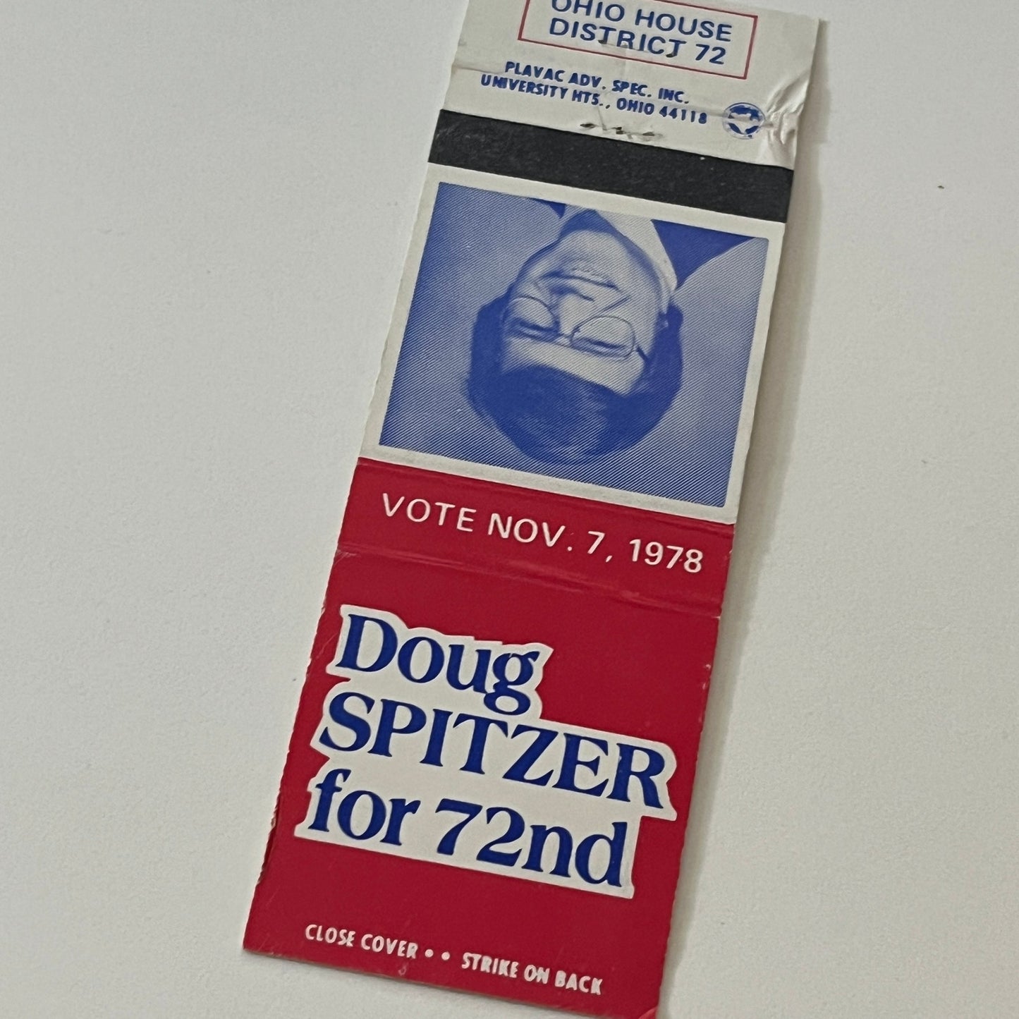 1978 Vote Doug Spitzer for 72nd Ohio House District Vintage Matchbook TB6-MB2-6