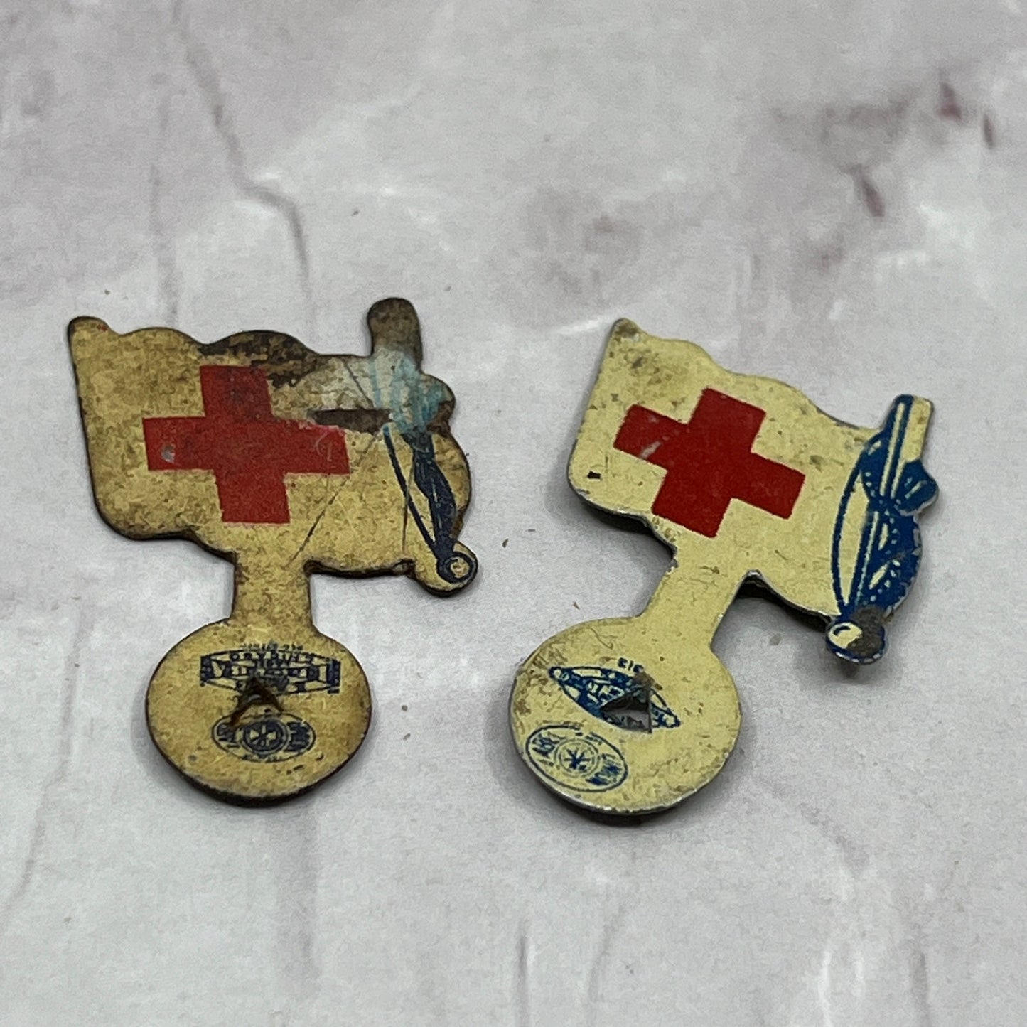WWII American Red Cross Flag Fold Over Tab Lapel Pin Button Set of 2 SE2