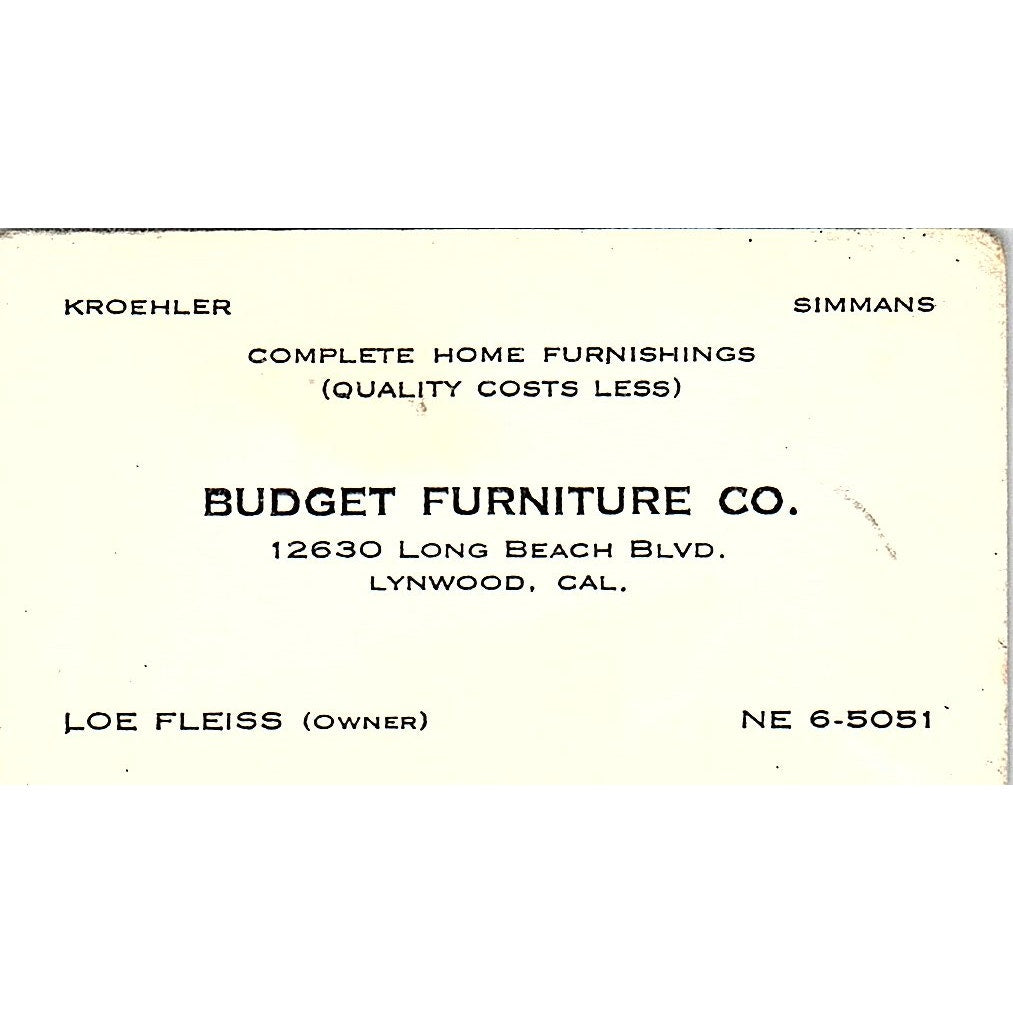 Budget Furniture Loe Fleiss Kroehler Simmans Lynwood CA Business Card SF3-B2