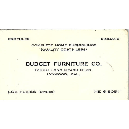 Budget Furniture Loe Fleiss Kroehler Simmans Lynwood CA Business Card SF3-B2