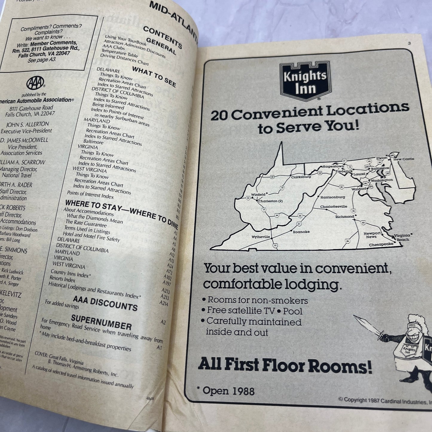 1988 AAA Mid-Atlantic TourBook Travel Guide Book TH2-BO1