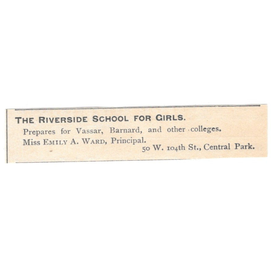 The Riverside School for Girls Emila A. Ward Central Park NY 1892 Ad AB6-S4