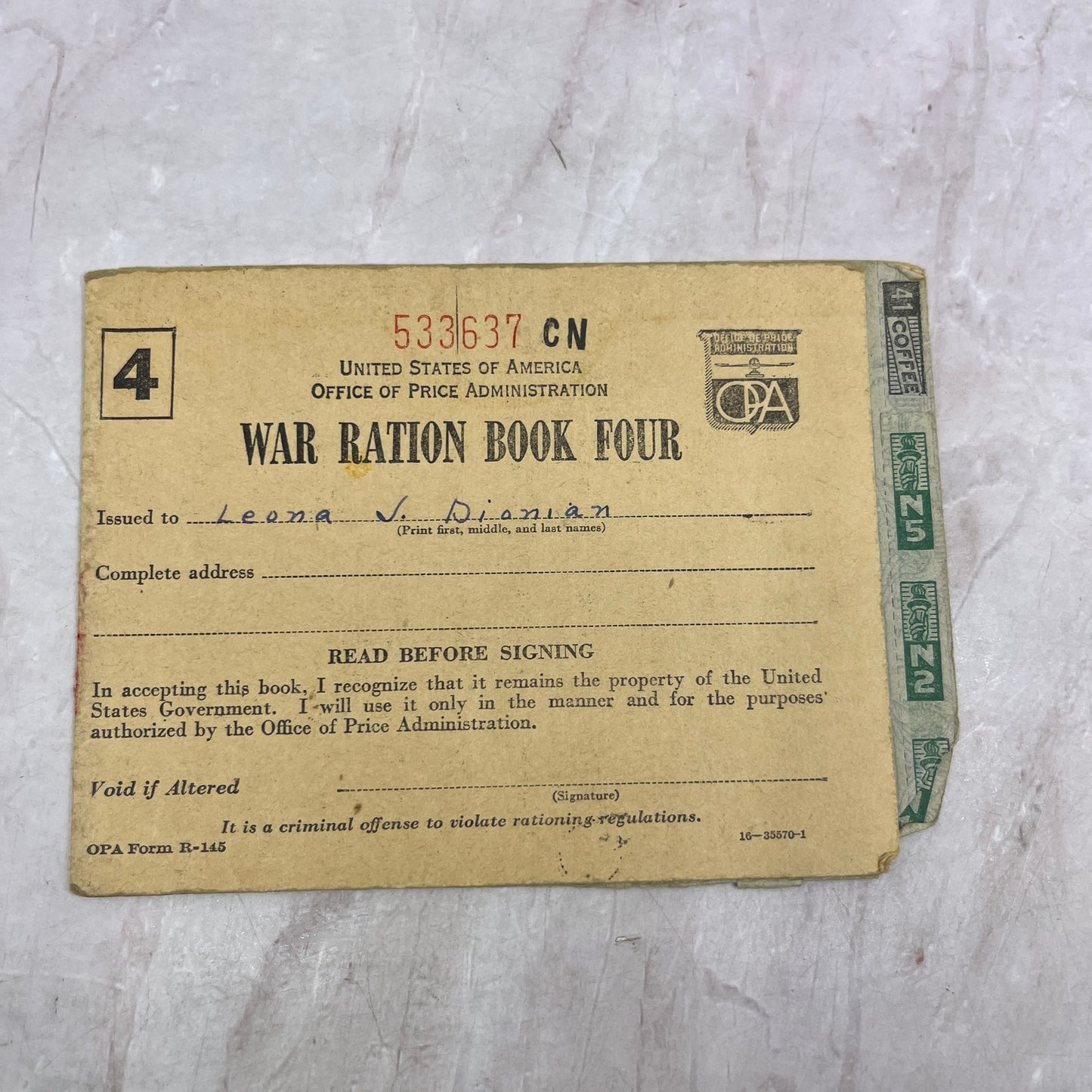 c1945 WWII Ration Book Four Leona Dionian Wildwood NJ TJ5-E1