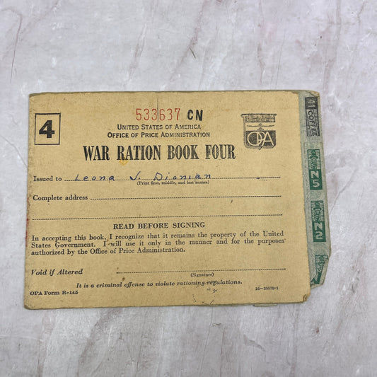 c1945 WWII Ration Book Four Leona Dionian Wildwood NJ TJ5-E1