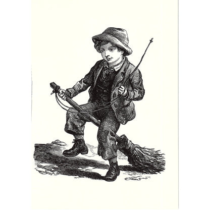 1880s Children's Games Boy Riding Broom Engraving Vintage Art Print 5x7 V12