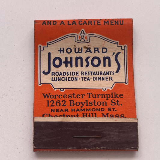 Howard Johnson's Worcester Turnpike Chestnut Hill MA Matchbook Cover TB8-MB2-8
