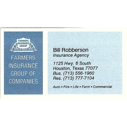 Bill Robberson Insurance Agency Houston Texas Business Card SB4-B3