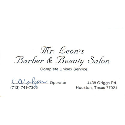 Mr Leon's Barber & Beauty Salon Carolyn Houston TX Vintage Business Card SD8-B11
