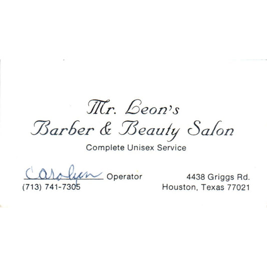 Mr Leon's Barber & Beauty Salon Carolyn Houston TX Vintage Business Card SD8-B11