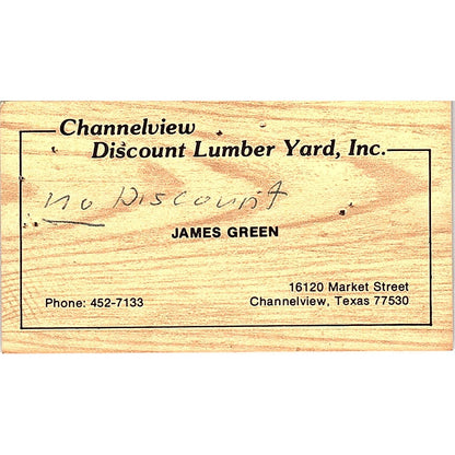 James Green Channelview Discount Lumber Yard TX Vintage Business Card SD9-B5