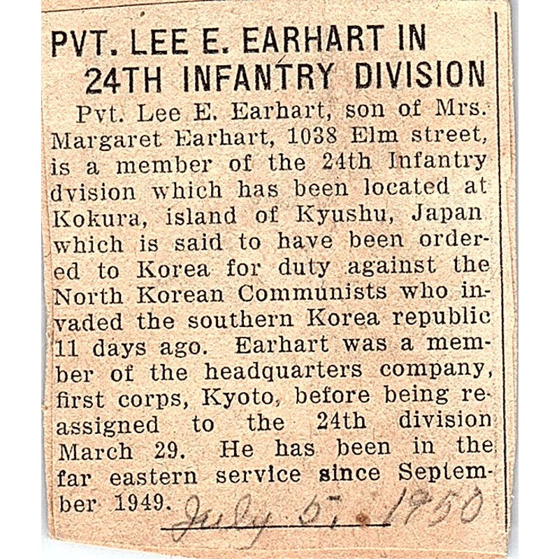 1950 Newspaper Clipping Pvt. Lee E. Earhart in 24th Infantry Division AF9-S4
