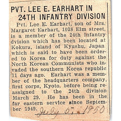 1950 Newspaper Clipping Pvt. Lee E. Earhart in 24th Infantry Division AF9-S4