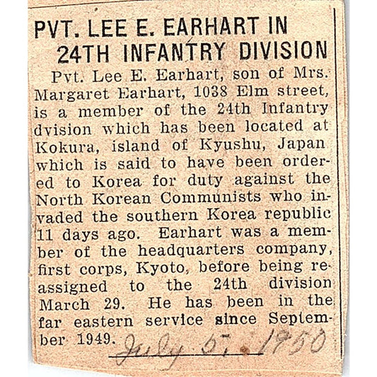 1950 Newspaper Clipping Pvt. Lee E. Earhart in 24th Infantry Division AF9-S4