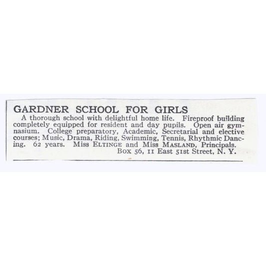 Gardner Girls School Miss Eltinge & Masland NY c1918 Advertisement AE5-SA7