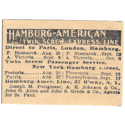 Hamburg-American Twin Screw Express Line St. Paul 1898 Newspaper Ad AF2-S5