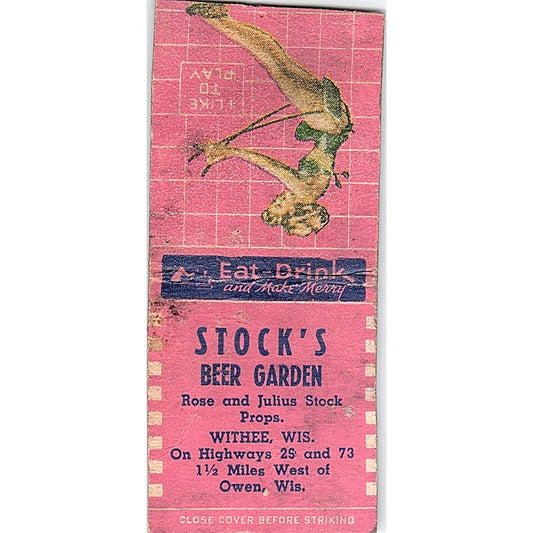 Stock's Beer Garden Rose & Julius Stock Withee, Owen WI Pinup Matchbook SC7-Y6