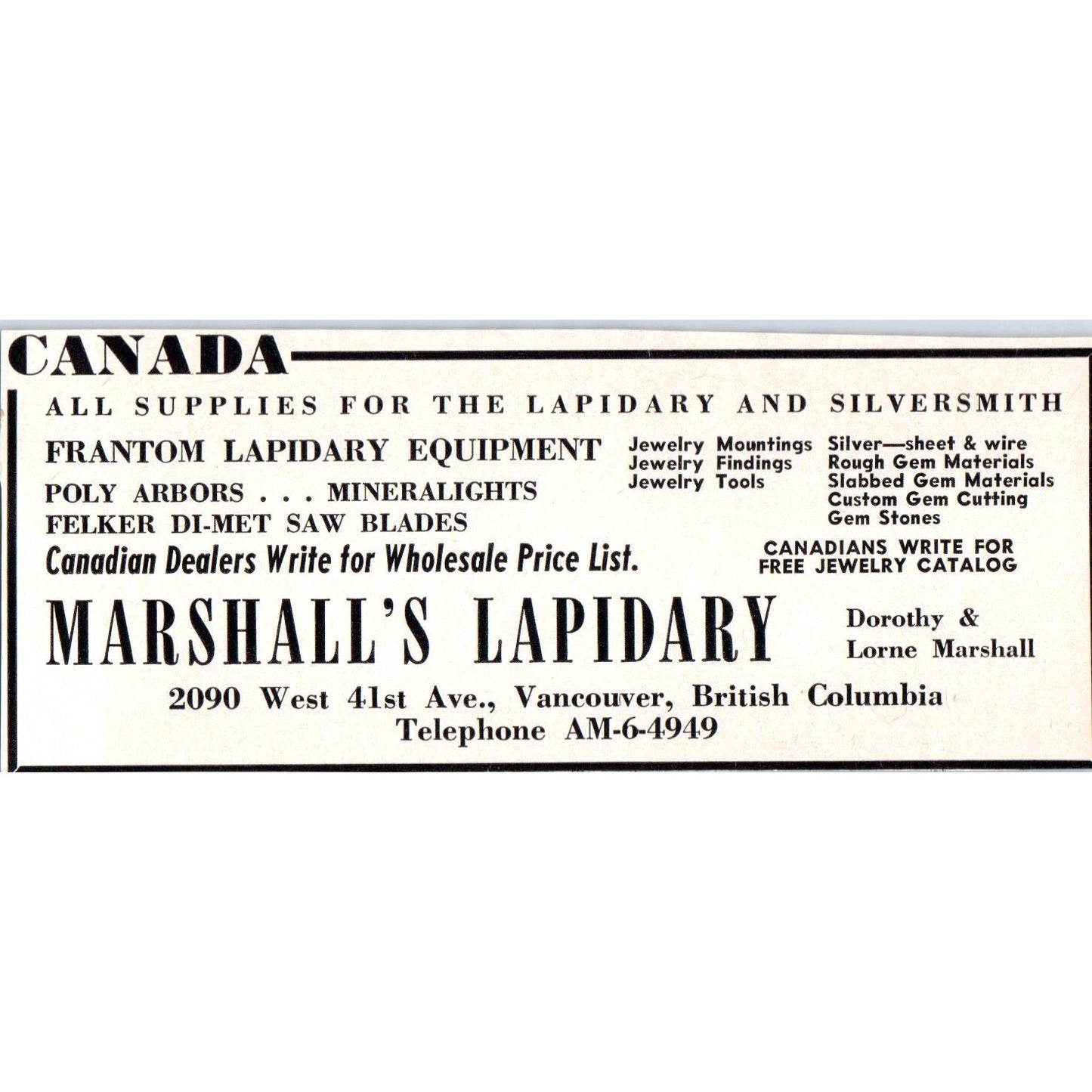 Marshall's Lapidary Vancouver British Columbia Canada 1964 Magazine Ad AB6-M3