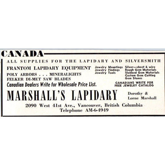 Marshall's Lapidary Vancouver British Columbia Canada 1964 Magazine Ad AB6-M3