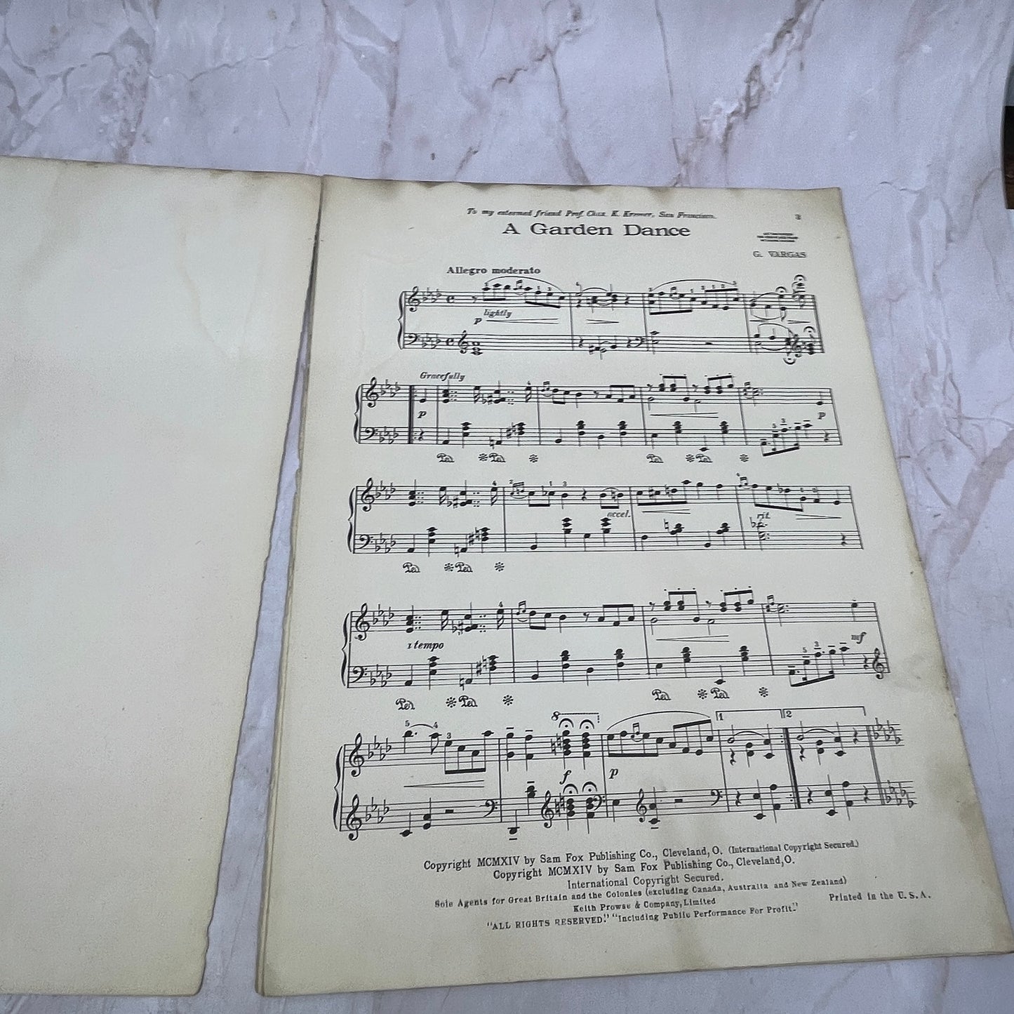 1914 A Garden Dance for the Piano G. Vargas Antique Sheet Music Ti5