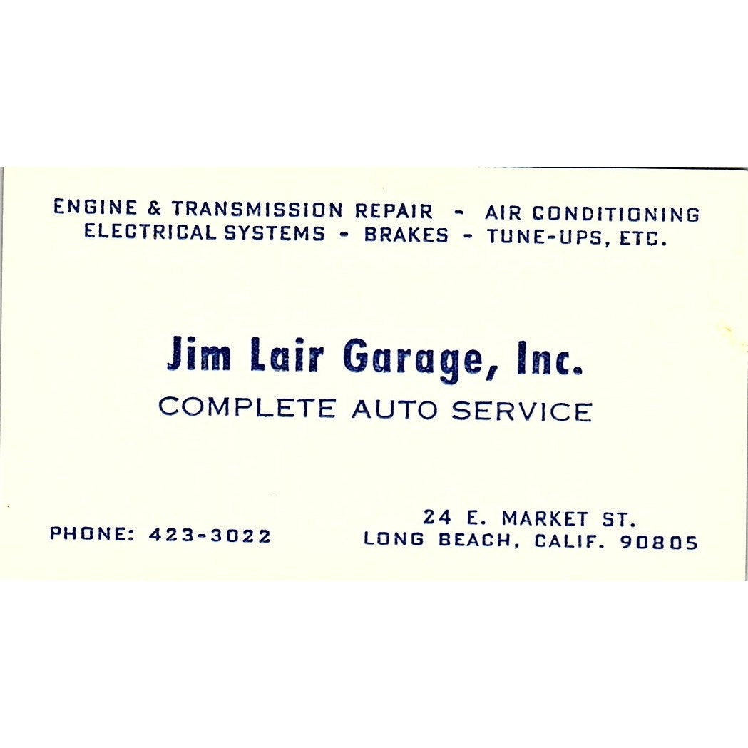 Jim Lair Garage Inc Long Beach CA Vintage Business Card SE3-B13