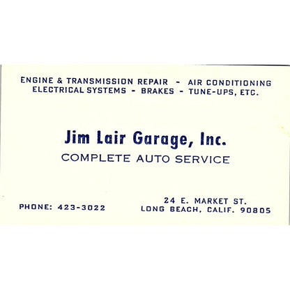 Jim Lair Garage Inc Long Beach CA Vintage Business Card SE3-B13