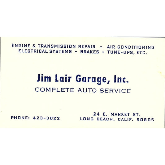 Jim Lair Garage Inc Long Beach CA Vintage Business Card SE3-B13