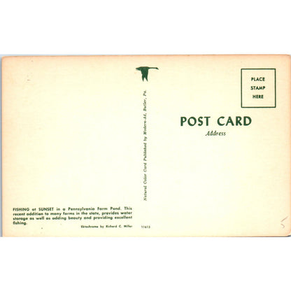 Farm Pond Fishing at Sunset PA Dutch Country Vintage Postcard PD1