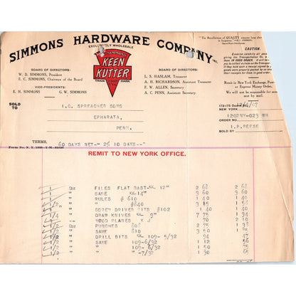 1907 Simmons Hardware Co NY Letterhead Billhead Receipt D11-2