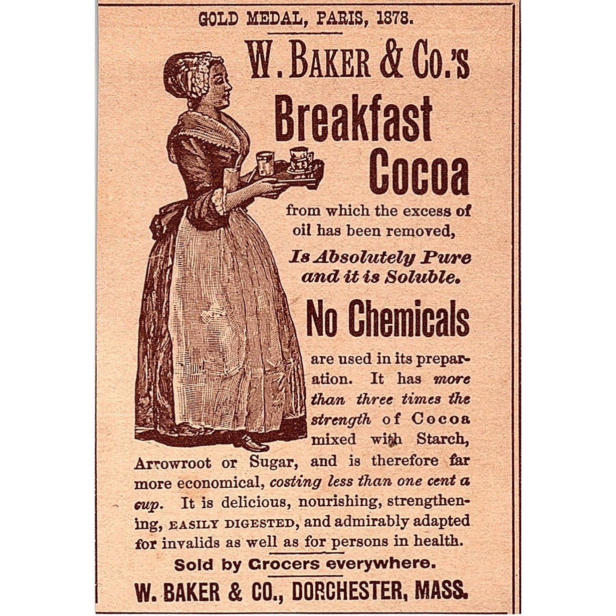 W. Baker & Co's Breakfast Coco Dorchester MA 1892 Ad AG2-M9