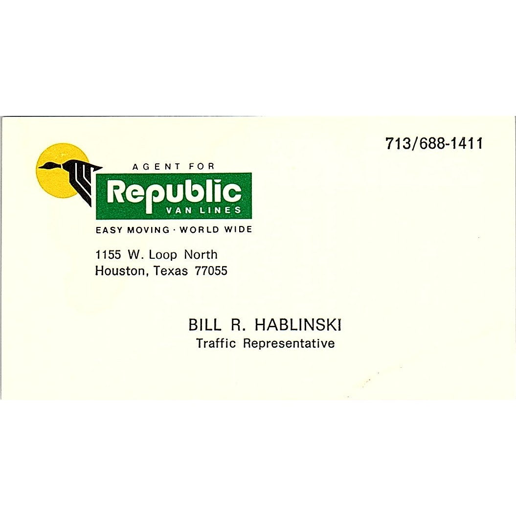 Republic Van Lines Bill R. Hablinski Houston Texas Business Card SB4-B6