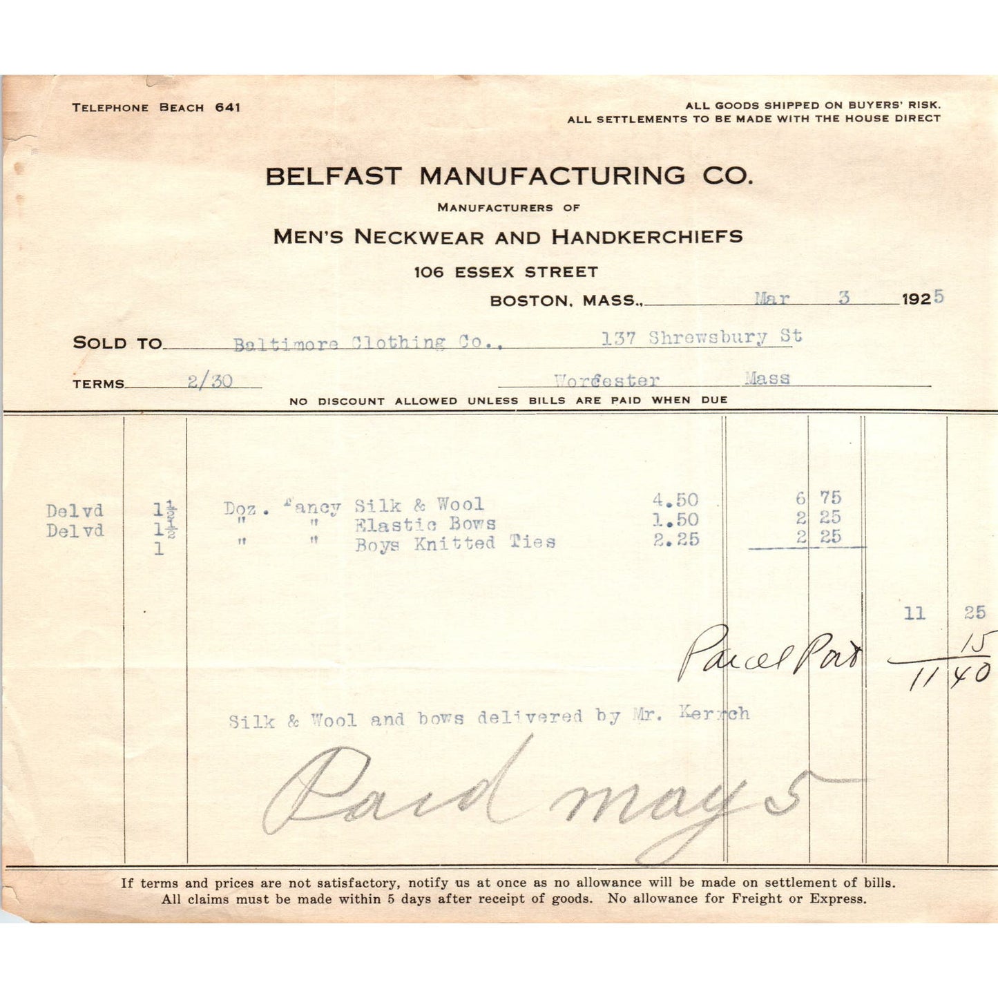 Belfast Mfg Co Neckwear Boston 1925 Original Billhead Letterhead Receipt D8-LL