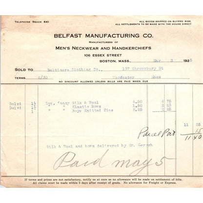 Belfast Mfg Co Neckwear Boston 1925 Original Billhead Letterhead Receipt D8-LL