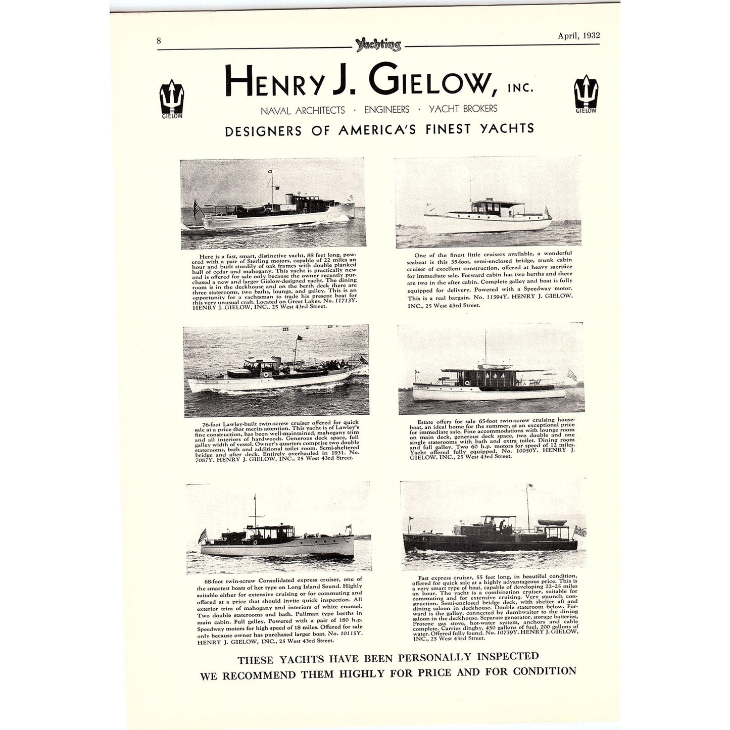 Henry J. Gielow Inc Designers of America's Finest Yachts 1932 Ad D22