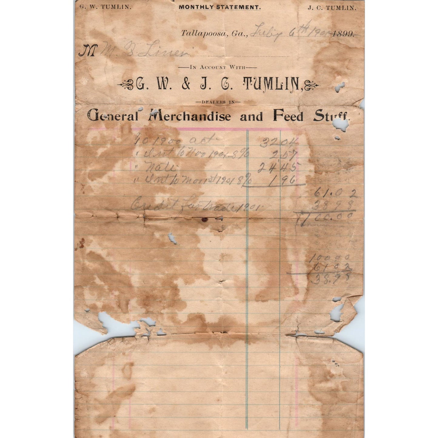 G.W. & J.C. Tumlin Tallapoosa GA 1899 Original Billhead Letterhead Receipt D8-LL