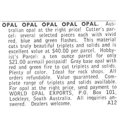 World Opal Exports Lockleys South Australia 1972 Ad AF8-S10