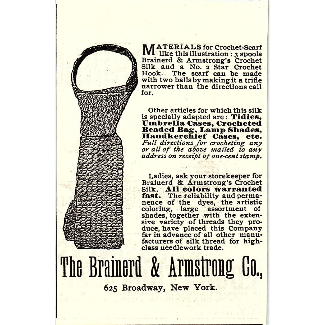 The Brainerd & Armstrong Co Crochet-Scarf 625 Broadway NY 1892 Ad AG2-M9