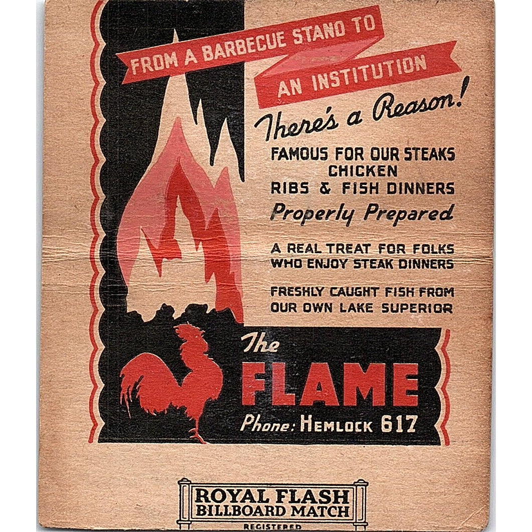 The Flame Magic Rooster Bar & Chick Room Duluth MN Large Matchbook Cover TH2-Y1