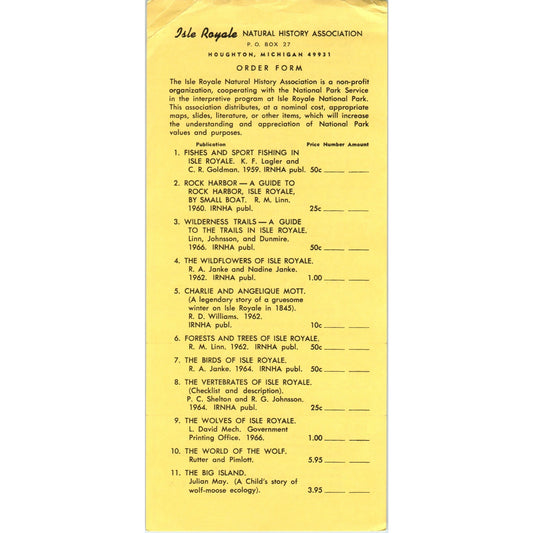 Vintage Isle Royale Natural History Association Houghton MI Order Form H5-5