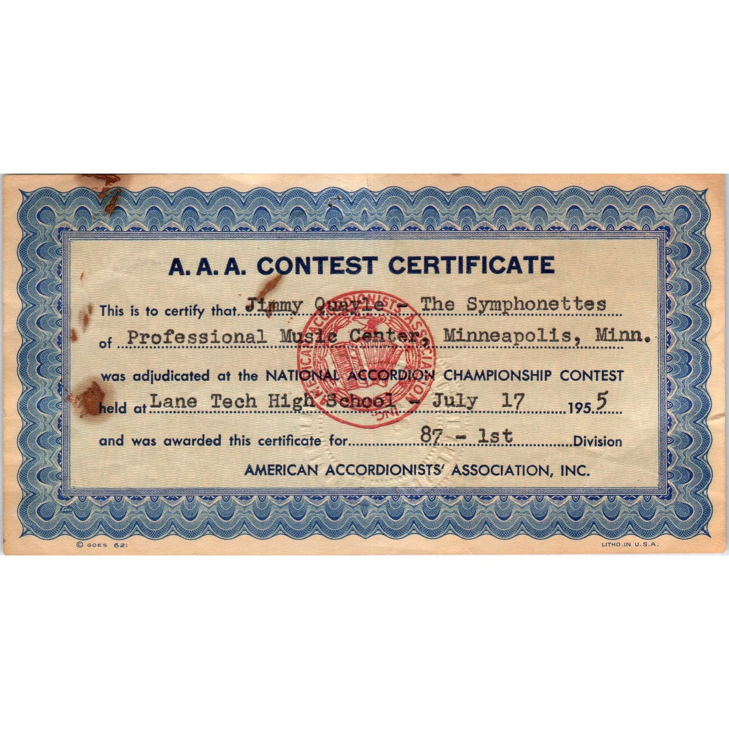 1955 AAA Contest Certificate Jimmy Quayle The Symphonettes Minneapolis MN D9
