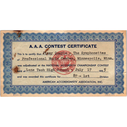 1955 AAA Contest Certificate Jimmy Quayle The Symphonettes Minneapolis MN D9