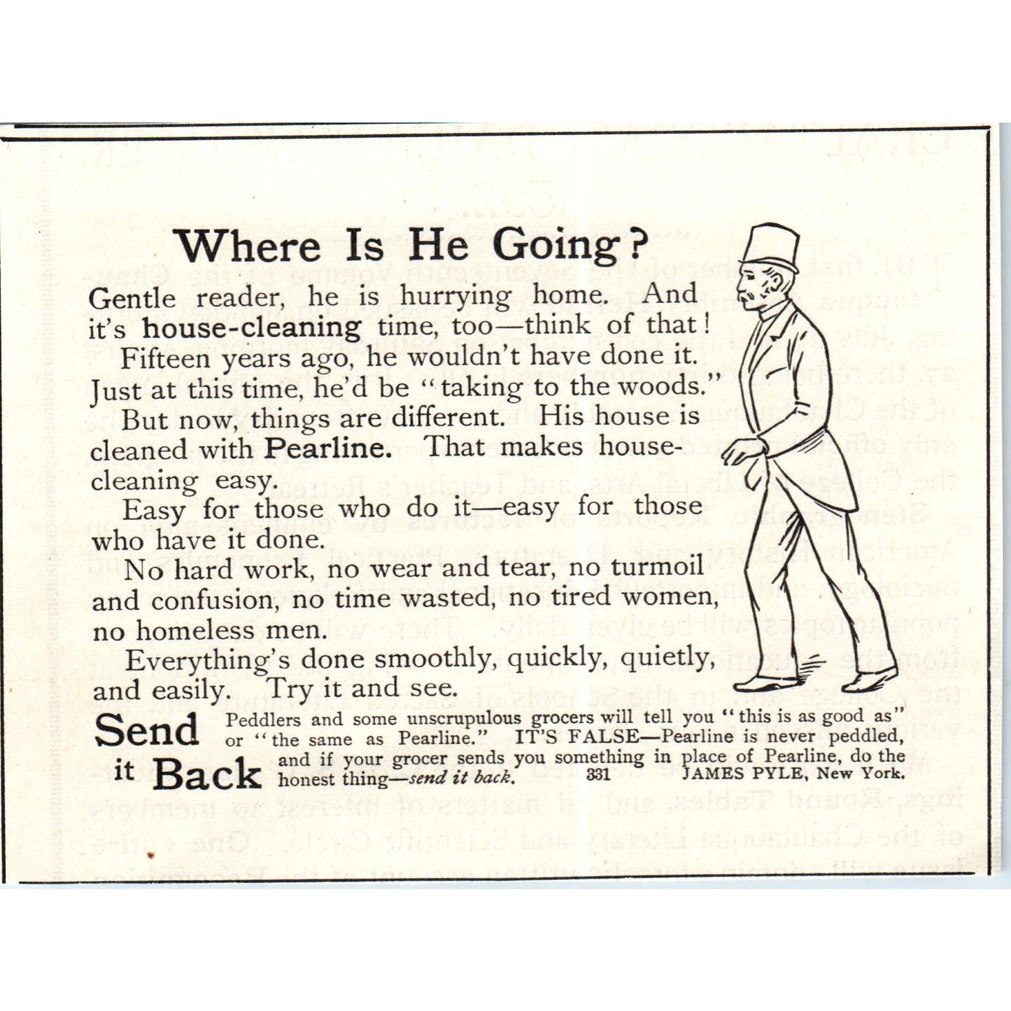 Man in Top Hat Pearline Laundry Soap James Pyle NY c1890 Victorian Ad AE8-CH2