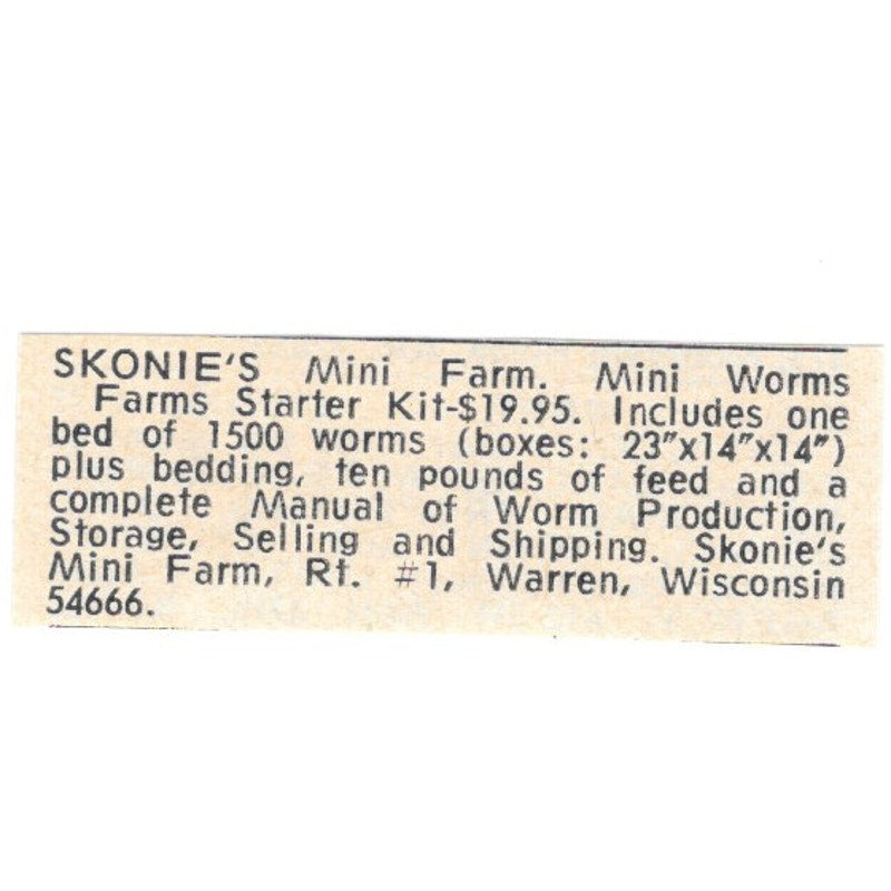 Skonie's Mini Farm Worms Warren WI 1977 Ad AF6-S9