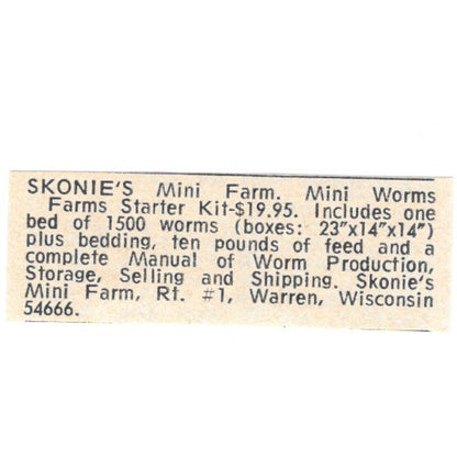 Skonie's Mini Farm Worms Warren WI 1977 Ad AF6-S9