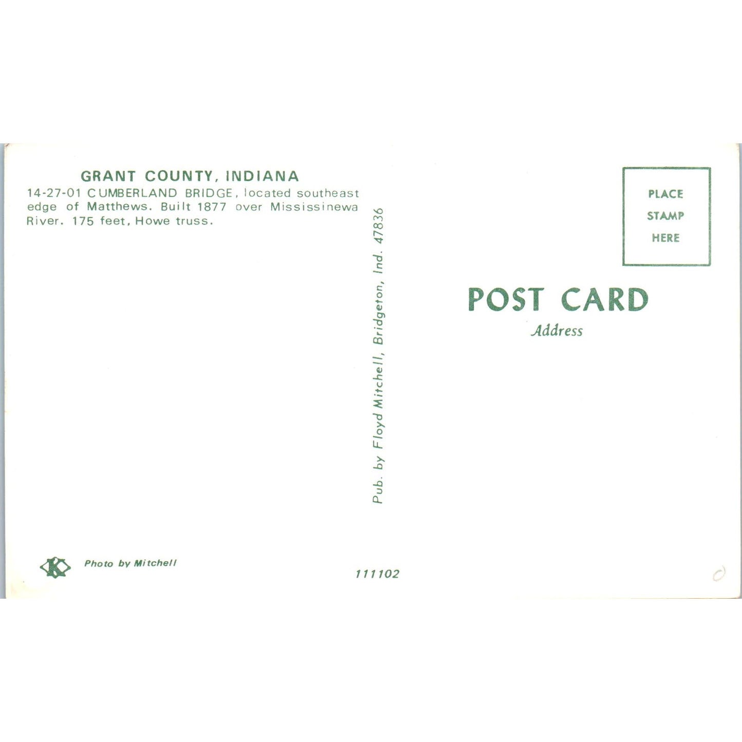 Grant County Cumberland Bridge IN Vintage Covered Bridge Postcard PC12