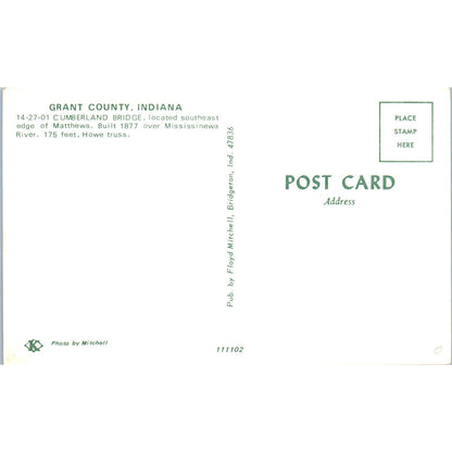 Grant County Cumberland Bridge IN Vintage Covered Bridge Postcard PC12