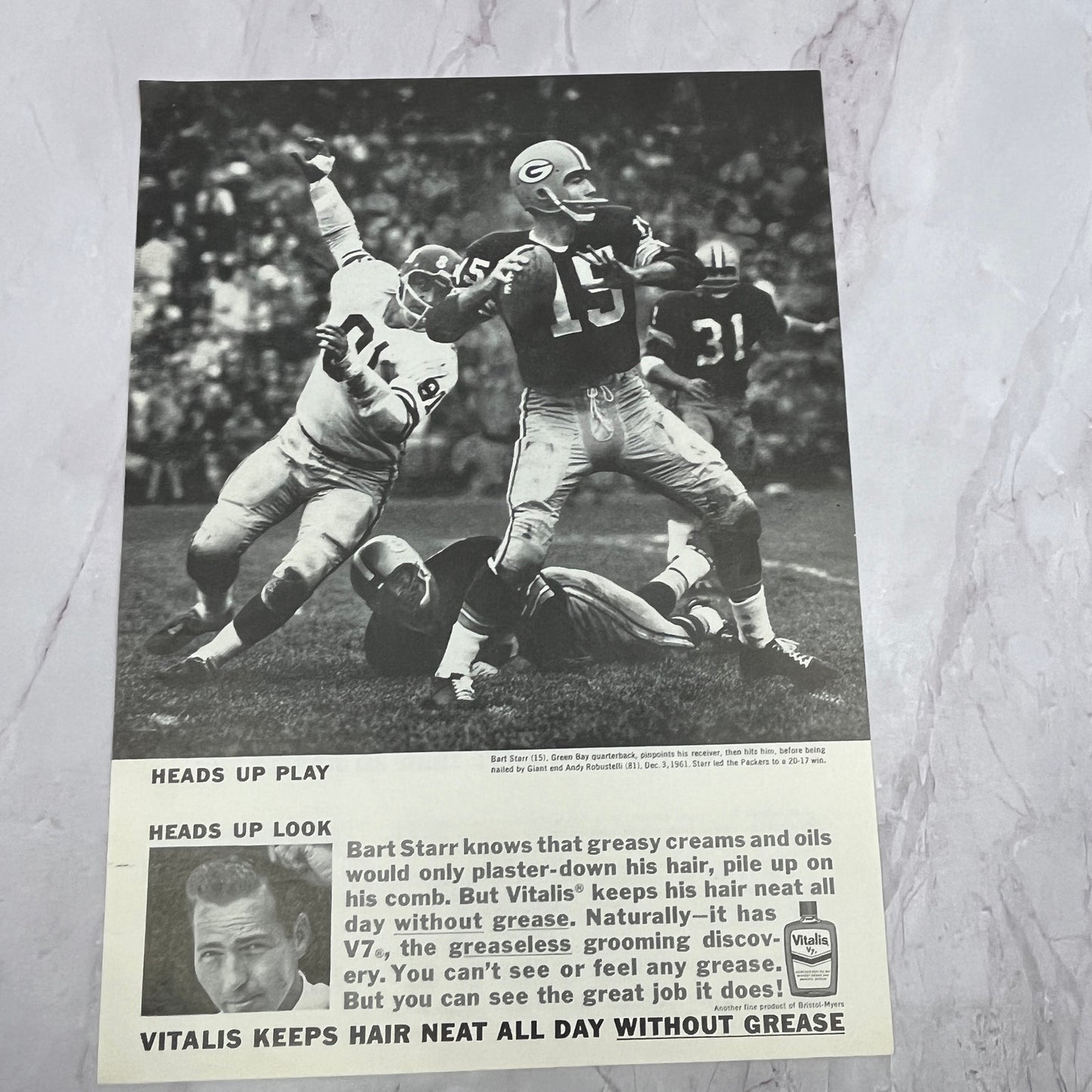 Bart Starr NFL Green Bay Packers Vitalis Pomade Vintage 8x10 Ad V14-5