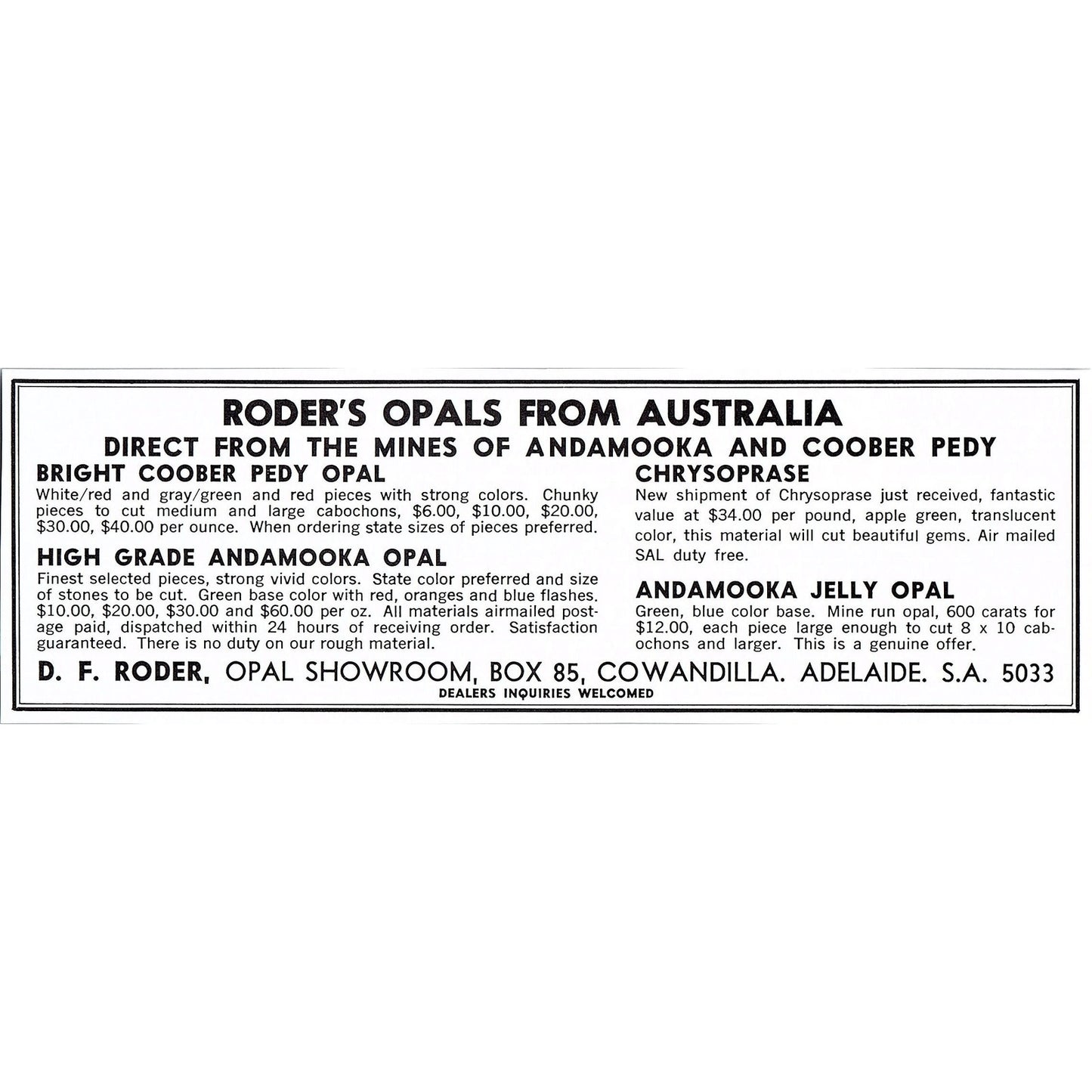 D.F. Roder Opal Showroom Cowandilla Adelaide South Africa 1972 Ad AF8-2