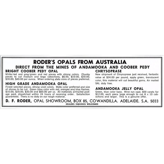 D.F. Roder Opal Showroom Cowandilla Adelaide South Africa 1972 Ad AF8-2