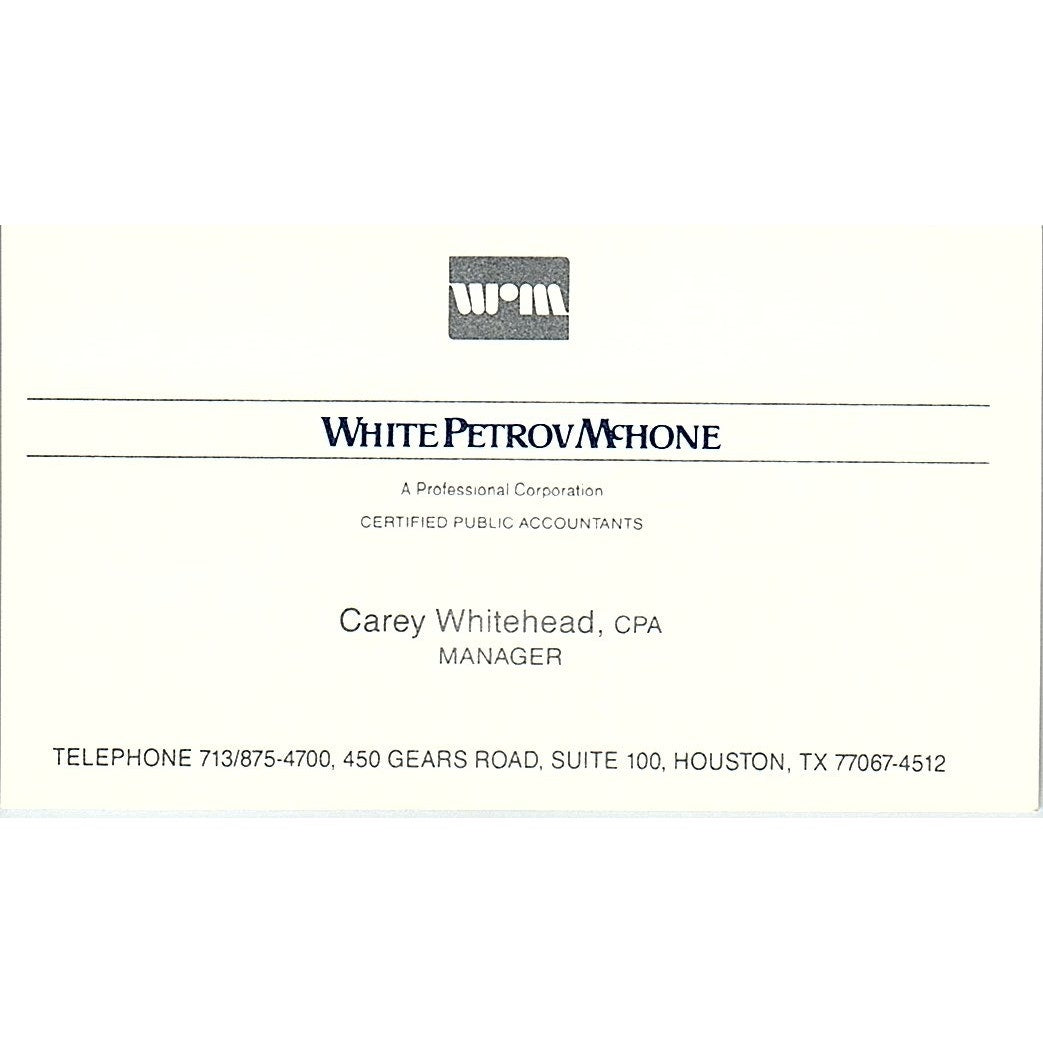 Carey Whitehead WRM White Petrov McHone CPA Houston Vintage Business Card SD9-B1
