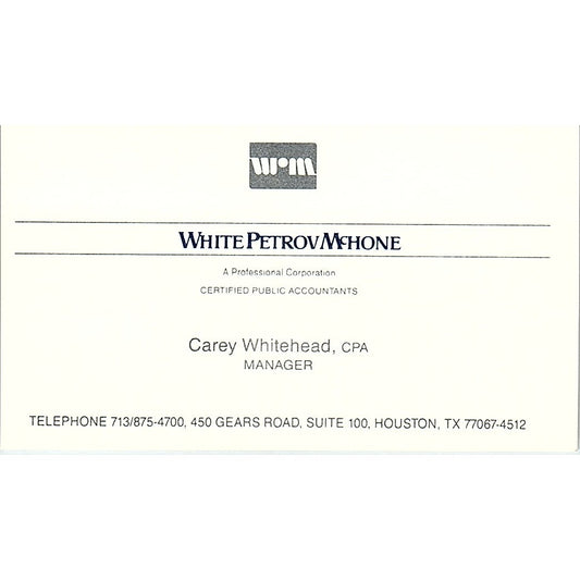 Carey Whitehead WRM White Petrov McHone CPA Houston Vintage Business Card SD9-B1